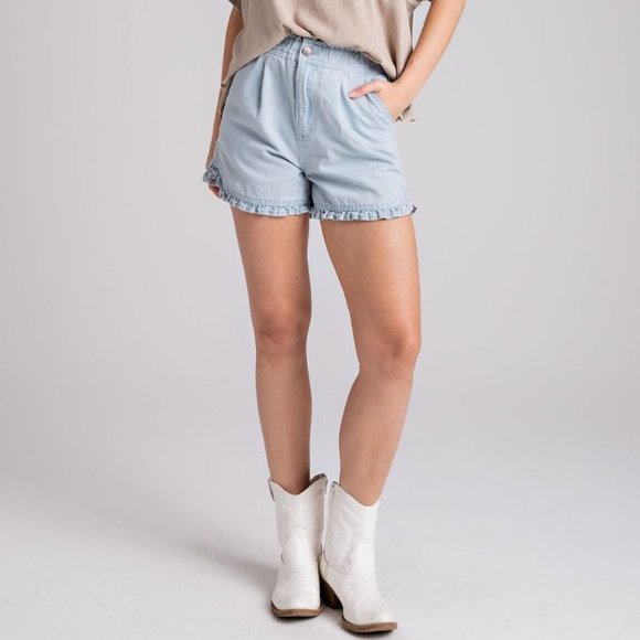 Easel LT.Denim Curved Mini Ruffle -Slouchy Relaxed Short Pants